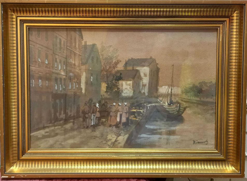 Scena rodzajowa w miasteczku portowym, Ph. Janowitz, akwarela/gwasz, ok. 1900 r.
