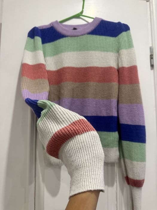 Свитер полосатый вязка фиолетовый молочный синий розовый