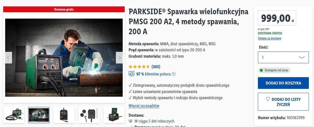 PARKSIDE Spawarka wielofunkcyjna PMSG 200 A2, 4 metody spawania, 200 A