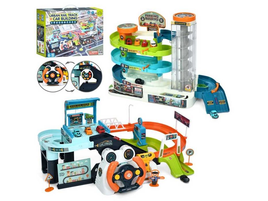 Великий ігровий набір 2в1: паркінг+трек (кермо, трек, ліфт, 6 машинок)