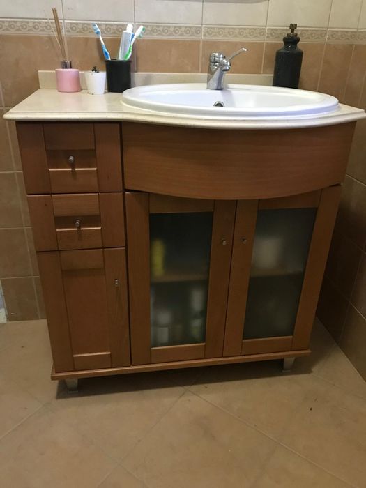 Móvel de casa de banho (WC) + lavatório + torneira + pedra + espelho