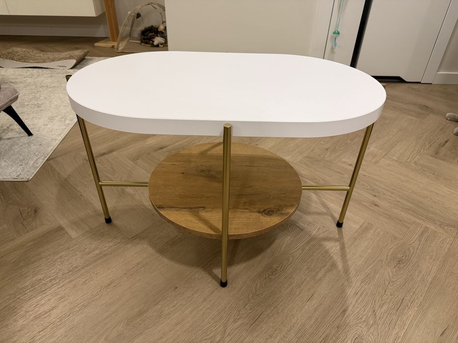 Stolik kawowy dancan arena / złota podstawa + biały i dębowy blat