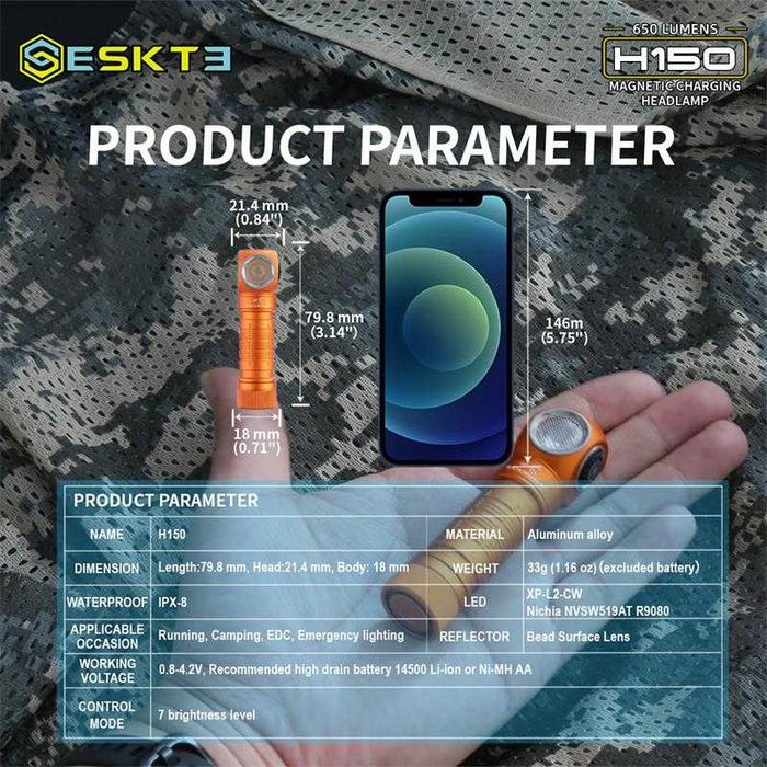 Фонарь  налобный  Skilhunt/ ESKTE H150  с аккумулятором (гарантия)
