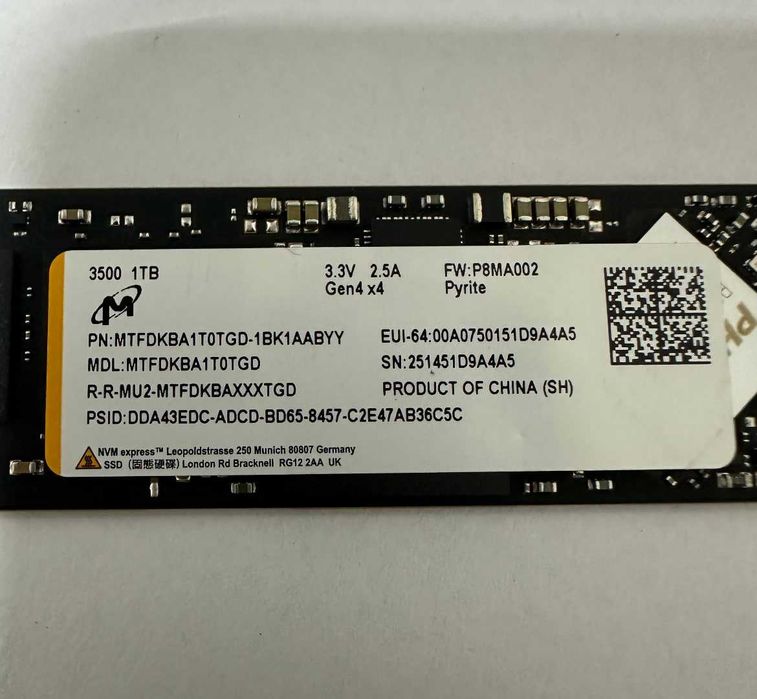 Нова 1TB SSD Micron M.2 2280 NVMe PCIe 4.0 x4, 7000 MB/s/ NEW ОПТ, Гарантія 1 міс