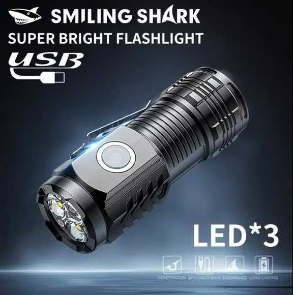 Мощный ручной фонарик Smiling Shark, 3 светодиода, LED аккумуляторный