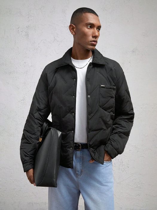 Kurtka Męska Pikowana Przejściowa Czarna Casual Shein S