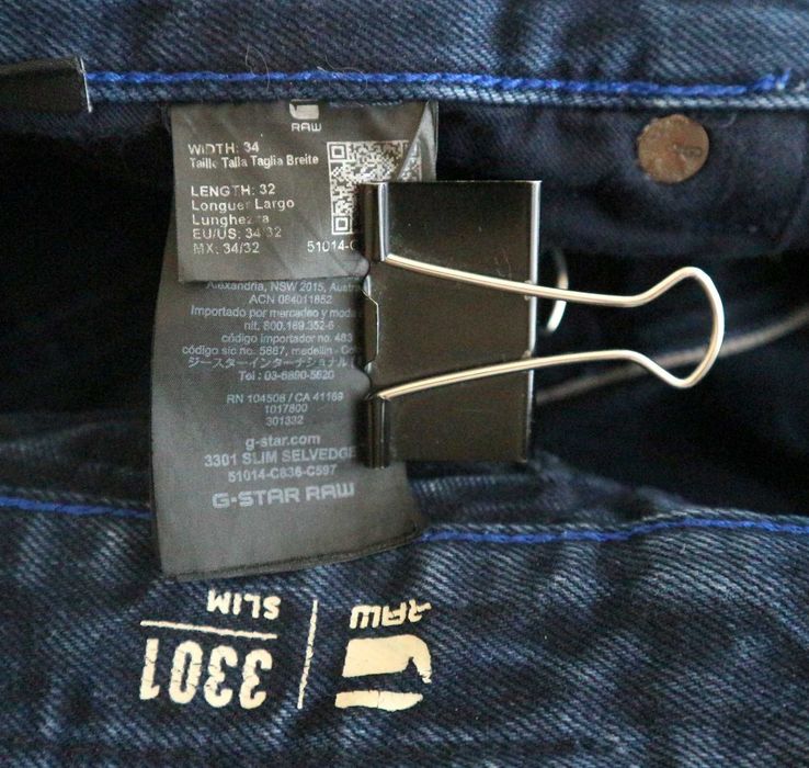 G-Star Raw 3301 Slim Selvedge spodnie jeansy W34 L32 pas 2 x 43 cm