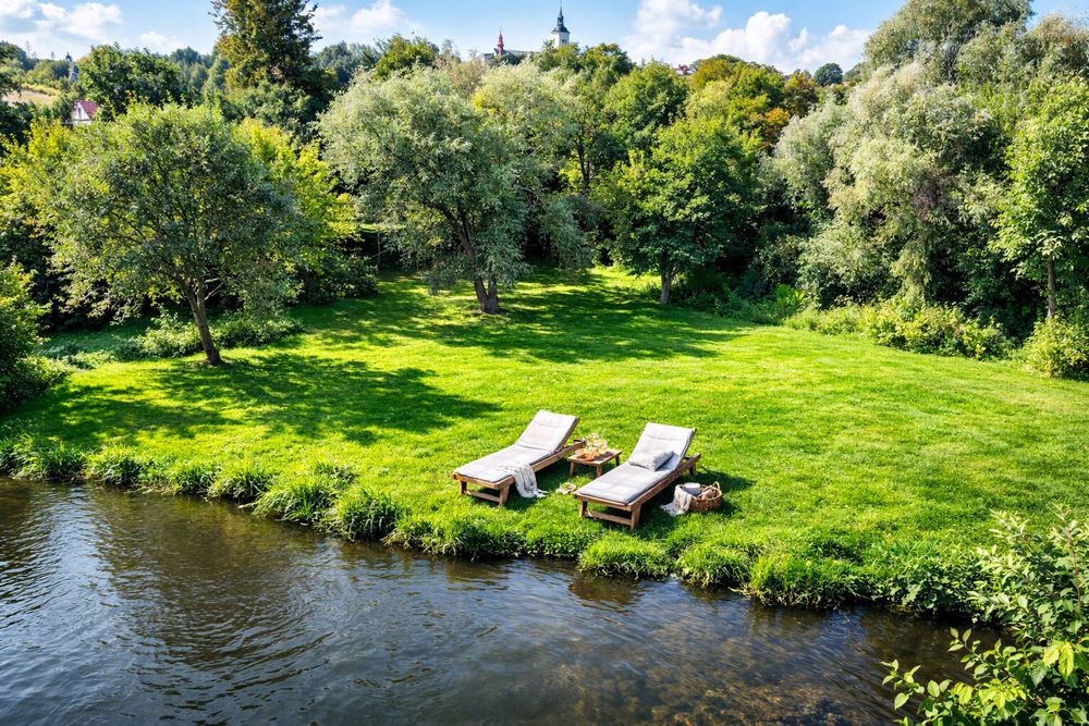 Dom nad wodą z własną plażą 7000 ogrodu