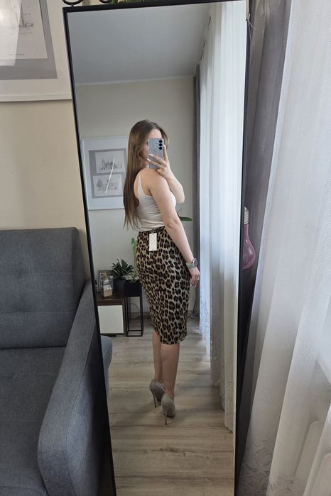 Nowa spódnica za kolano wysoki stan Mango XS panterka leopard gepard