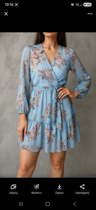 Elegancka sukienka kopertowa błękit w kwiaty Milady Nowa