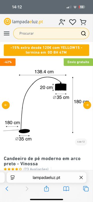 Candeeiro de pé em arco preto com abajour