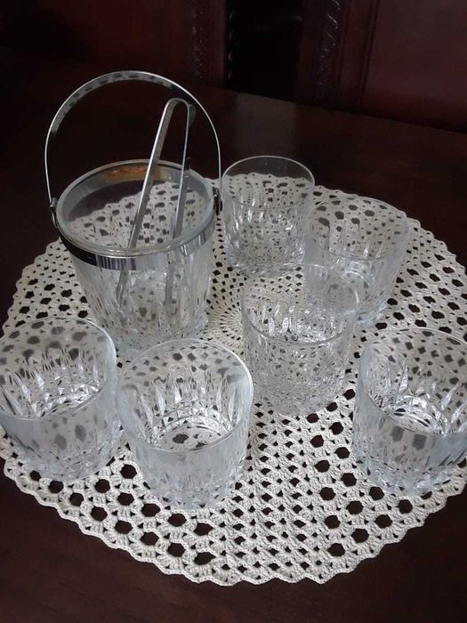 6 Copos whisky e balde gelo em cristal e pinça para gelo