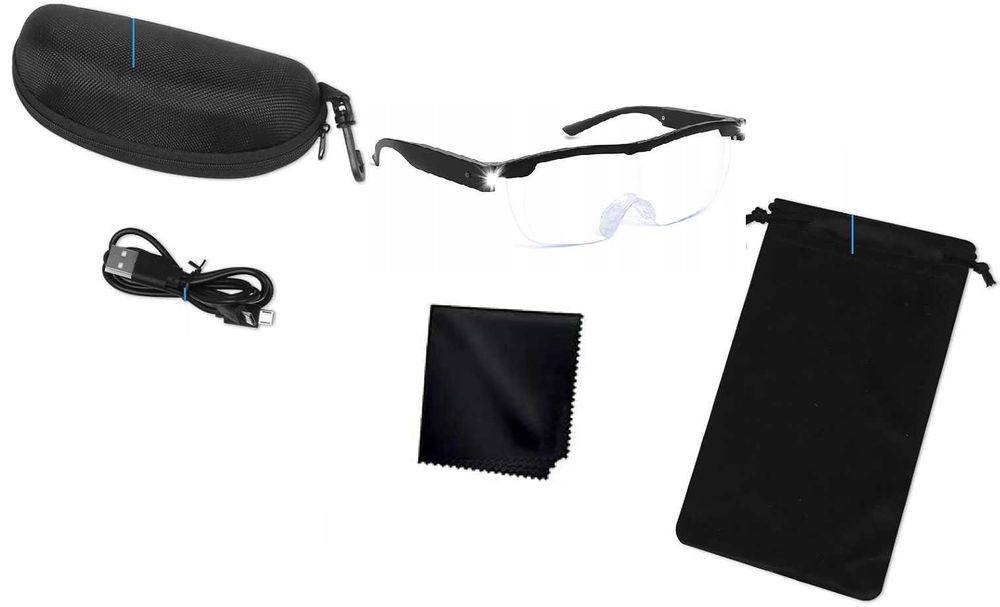 Okulary powiększające z lampką LED ładowane USB-C pokrowiec czarne