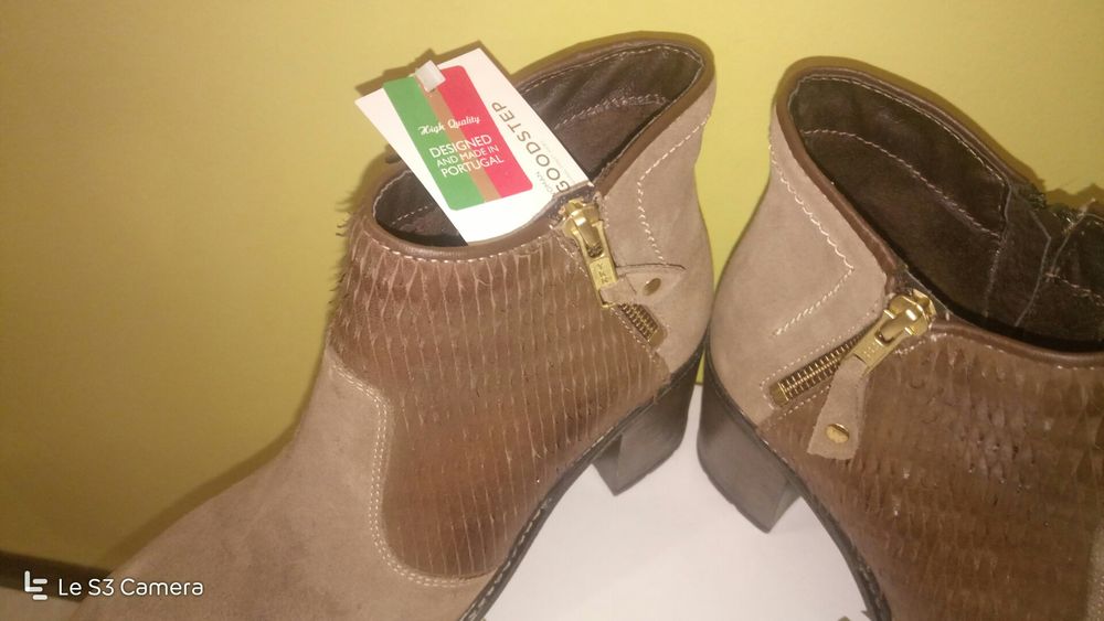 Botins bejes e castanhos, pele e camurça, novos,made in Portugal