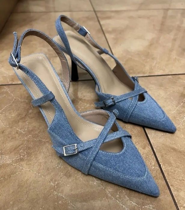 Джинсові туфлі лодочки човники джинсові слінгбеки на каблуку Zara розміри: 36, 39, 40