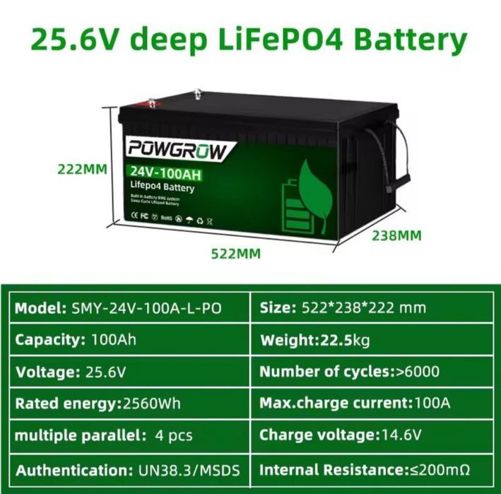 Акумулятор LifeP04 Powgrow 24V 100Ah актуальна ціна
