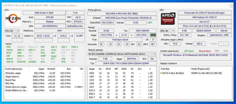 Komputer stacjonarny Ryzen 5 3600/16gb/rx5700xt/256+480gb