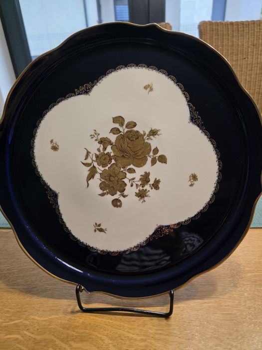 Duża patera echt kobalt Lindner złote róże 34 cm