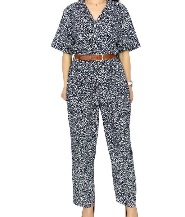 Granatowo-biały kombinezon w drobne kwiaty M 38