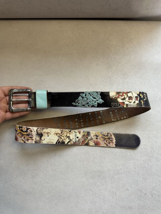 Кожаный ремень Ed Hardy мужской с заклепками в стиле Y2K (оригинал)