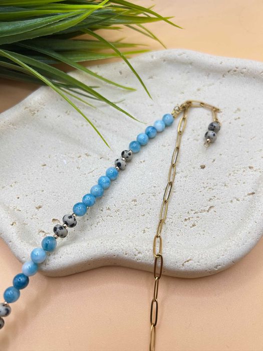 Naszyjnik handmade ~ larimar ~ jaspis dalmatyński ~ hematyt ~ stal