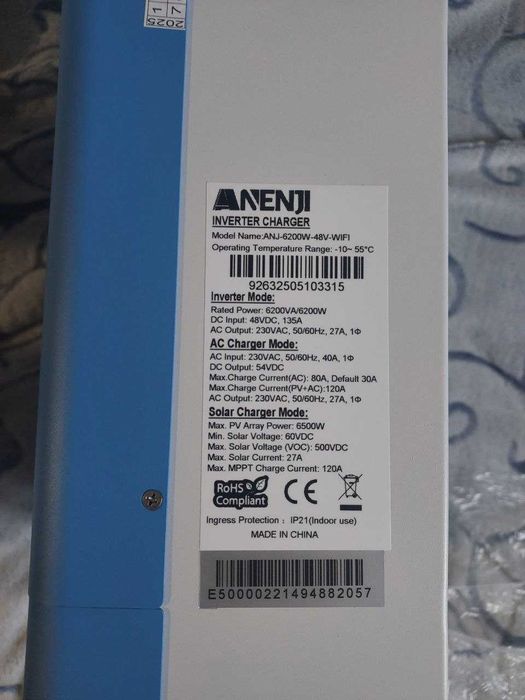 Гібридний інвертор Anenji 6.2 kWt 48V Wi-fi з MPPT контролером