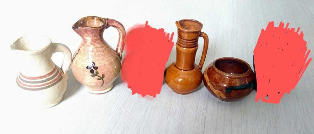 Komplet wazoników, kieliszki rybki, kamionka, porcelit, PRL