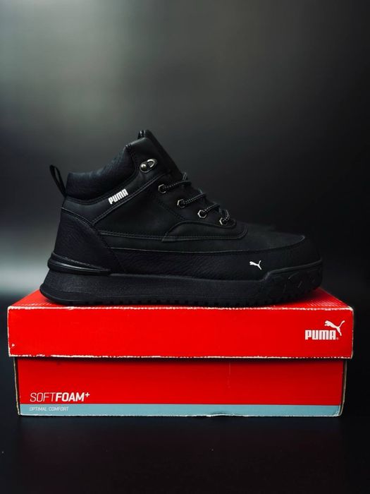 Высокие зимние кроссовки Puma/ ботинки красовки Пума черные кожанные