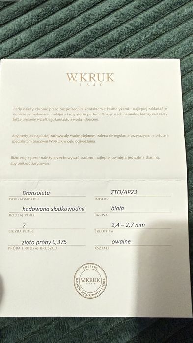 W.Kruk nowa złota branzoletka z perłami z certyfikatem