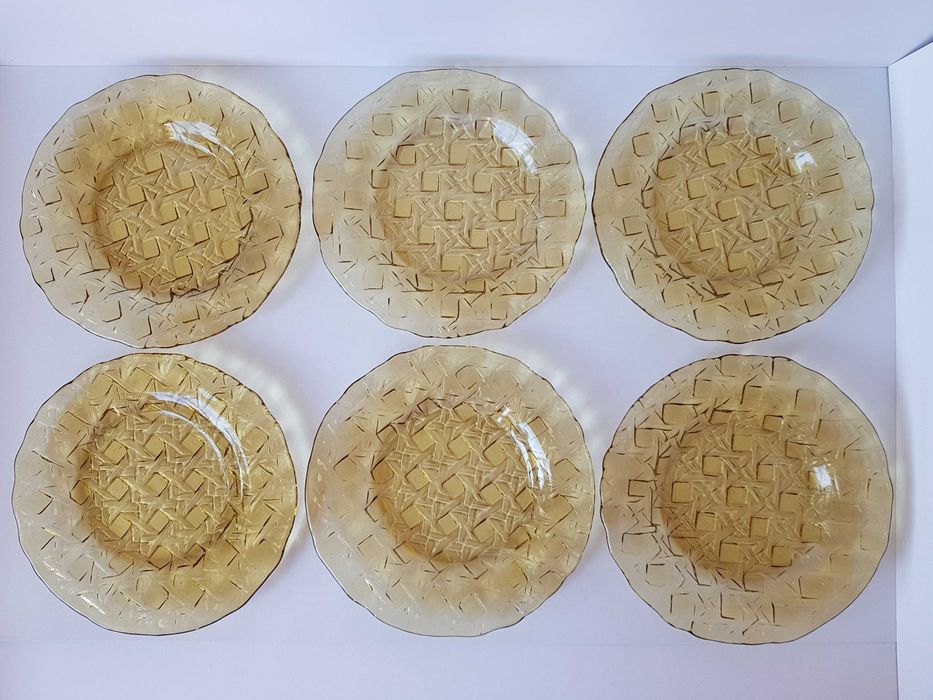 6x talerzyk Kratka / Plecionka, talerzyki Ząbkowice szkło PRL kolekcje