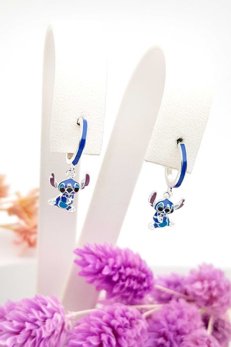 Srebrne wiszące kolczyki z emalią Lilo & Stitch pr. 925