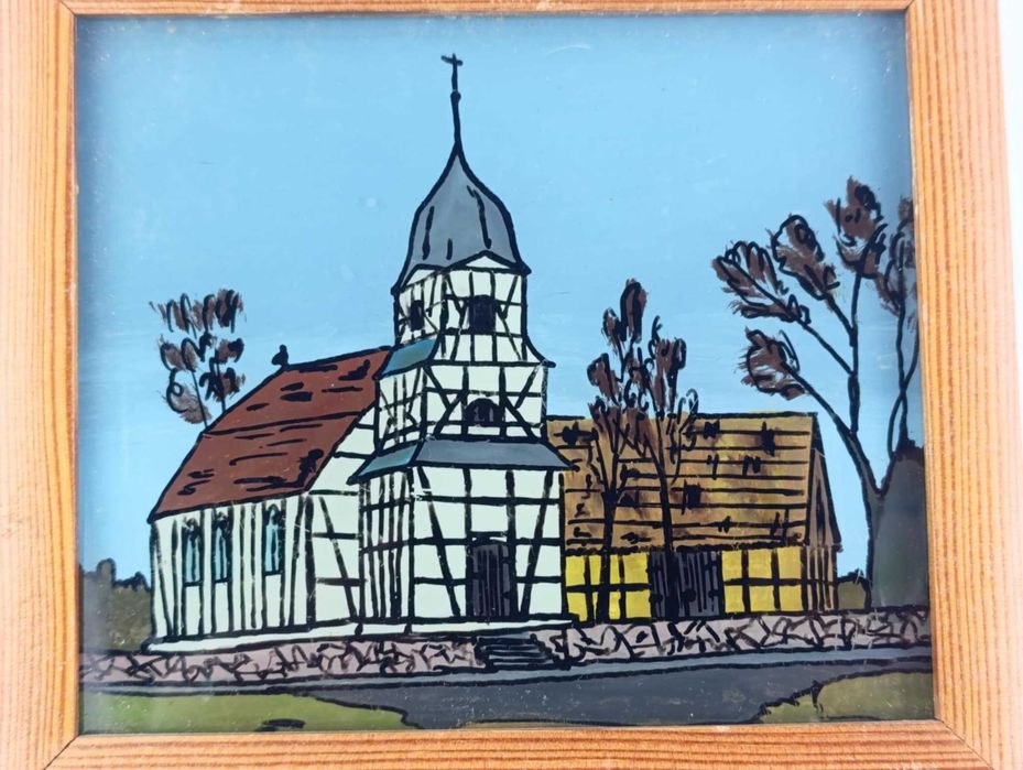 Cepelia, obrazek syg. na szkle, F Woliński, kościół Miękowo, 1976
