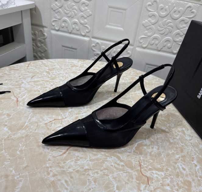 Ekskluzywne Czarne Szpilki Slingback YSL Siateczka Mesh 34-43