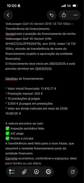 Volkswagen Golf VII Variant 2015 1.6 TDI 105cv – Transferência de financiamento