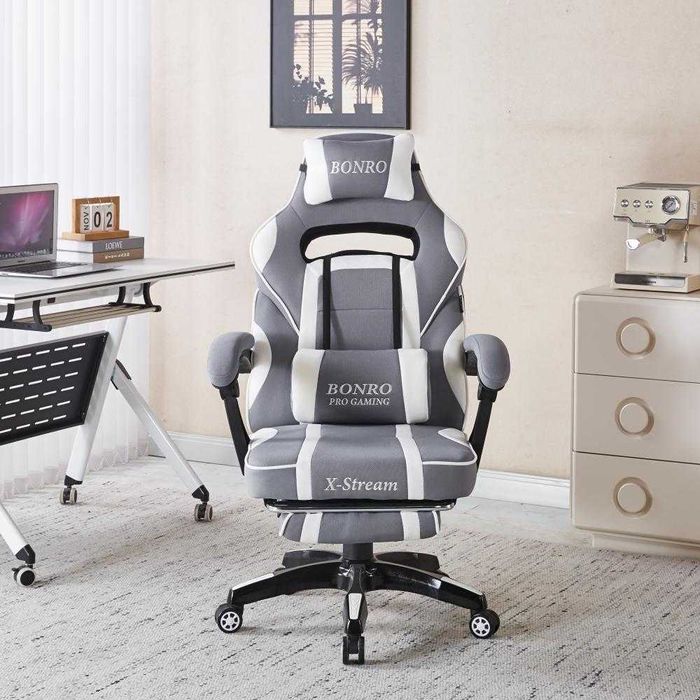 Крісло геймерське з тканини біло-сіре з підставкою / Кресло геймерское