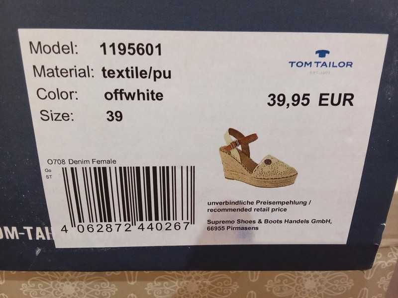 espandryle na koturnie marki Tom Tailor roz. 39 wkładka 24 cm sandały