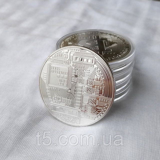 Сувенирная монета биткоин в серебряном цвете btc, bitcoin, биток