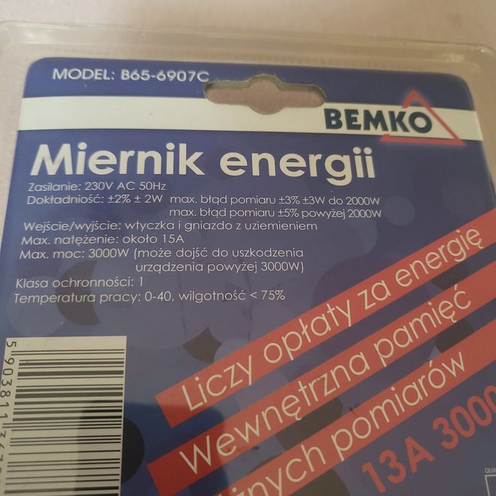Watomierz, miernik energii, BEMKO, Bemko B65-6907c, 13A, 3000W. Nowy!