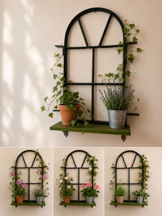 Żeliwne okno dekoracyjne z drewnianą półką – styl loft/vintage