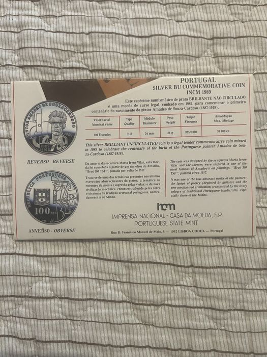 Moeda 100 Escudos Amadeo de Souza-Cardoso 1989 Prata 925 BNC INCM
