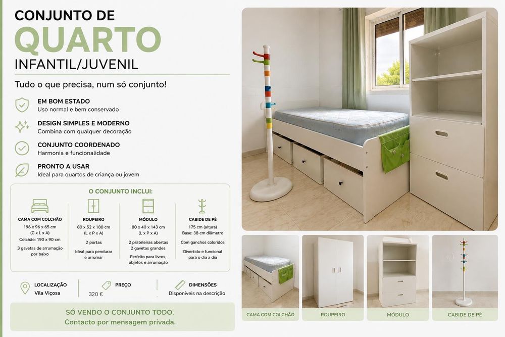 Cama com gavetas + colchão + cabide – quarto juvenil