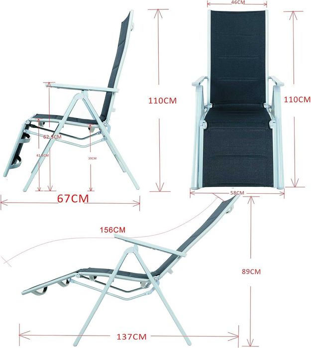 Chicreat 80504 Składany leżak, aluminium, czarny/srebrny, 69x57x113 cm