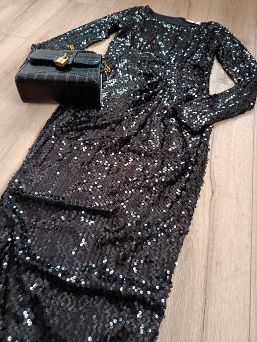 Sukienka cekinowa maxi czarna kobieca evening glam 34 stan b. Dobry