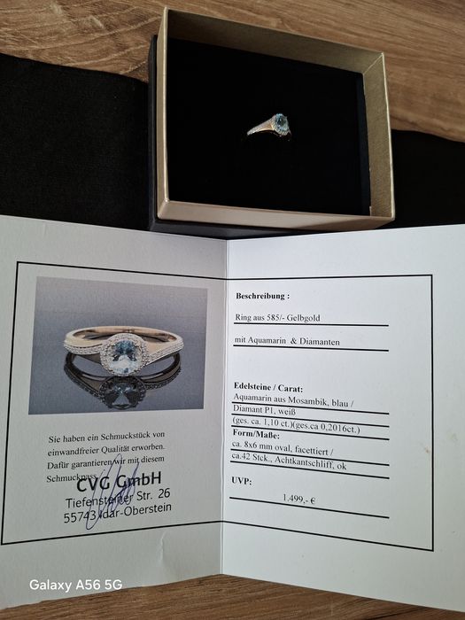 NOWY piękny złoty pierścionek z Akwamarynem i diamentami