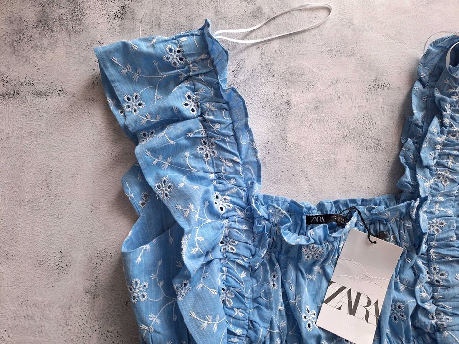 Bluzka Zara z Haftem Angielskim Nowa Niebieska Cotton Bawełna XL