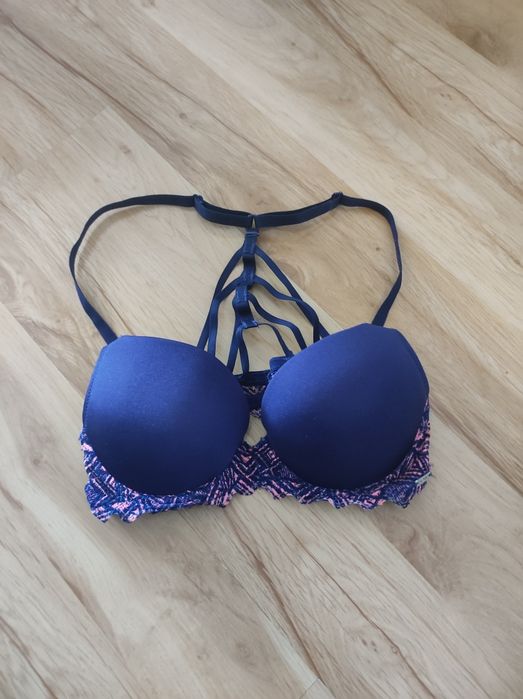 Granatowo różowy stanik biustonosz koronka ozdobne plecy 70B/65C