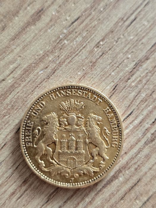 Złota moneta 20 Mark Hamburg 1876 J – Cesarstwo Niemieckie, oryginał