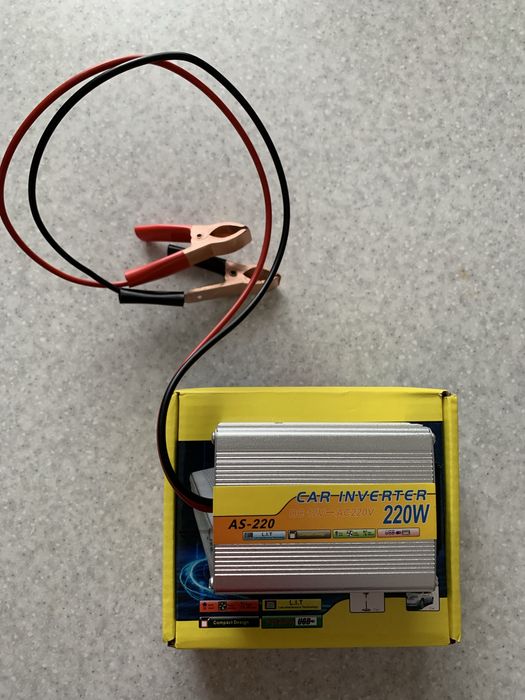 Автомобільний інвертор 12V → 220V, 220W + USB, з крокодилами