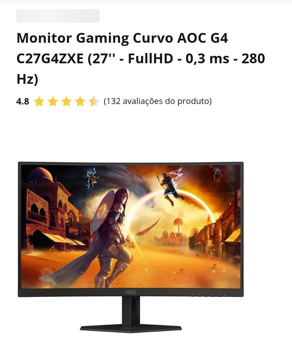 Monitor Gaming Curvo AOC G4 C27G4ZXE (27'' - FullHD - 0,3 ms - 280 Hz)