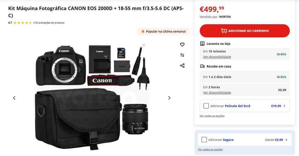 Kit Máquina Fotográfica CANON EOS 2000D + 18-55 mm f/3.5-5.6 DC